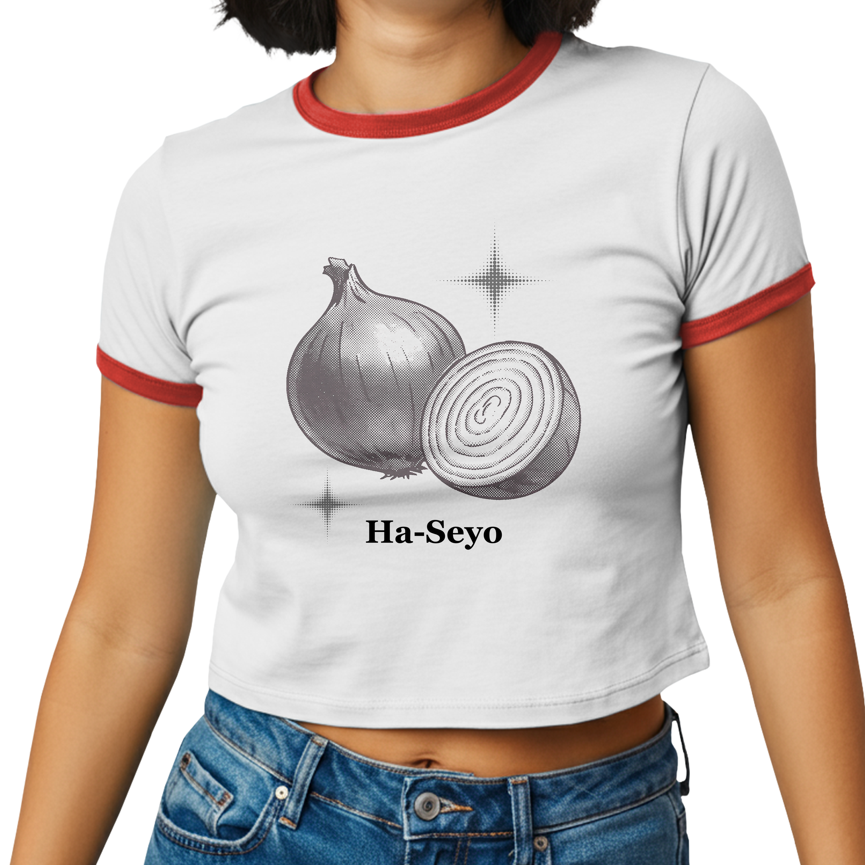 Onion Ha-Seyo Crop Tee - Funny Korean Pun Shirt - Cute K-Drama / Language Learner Baby Tee