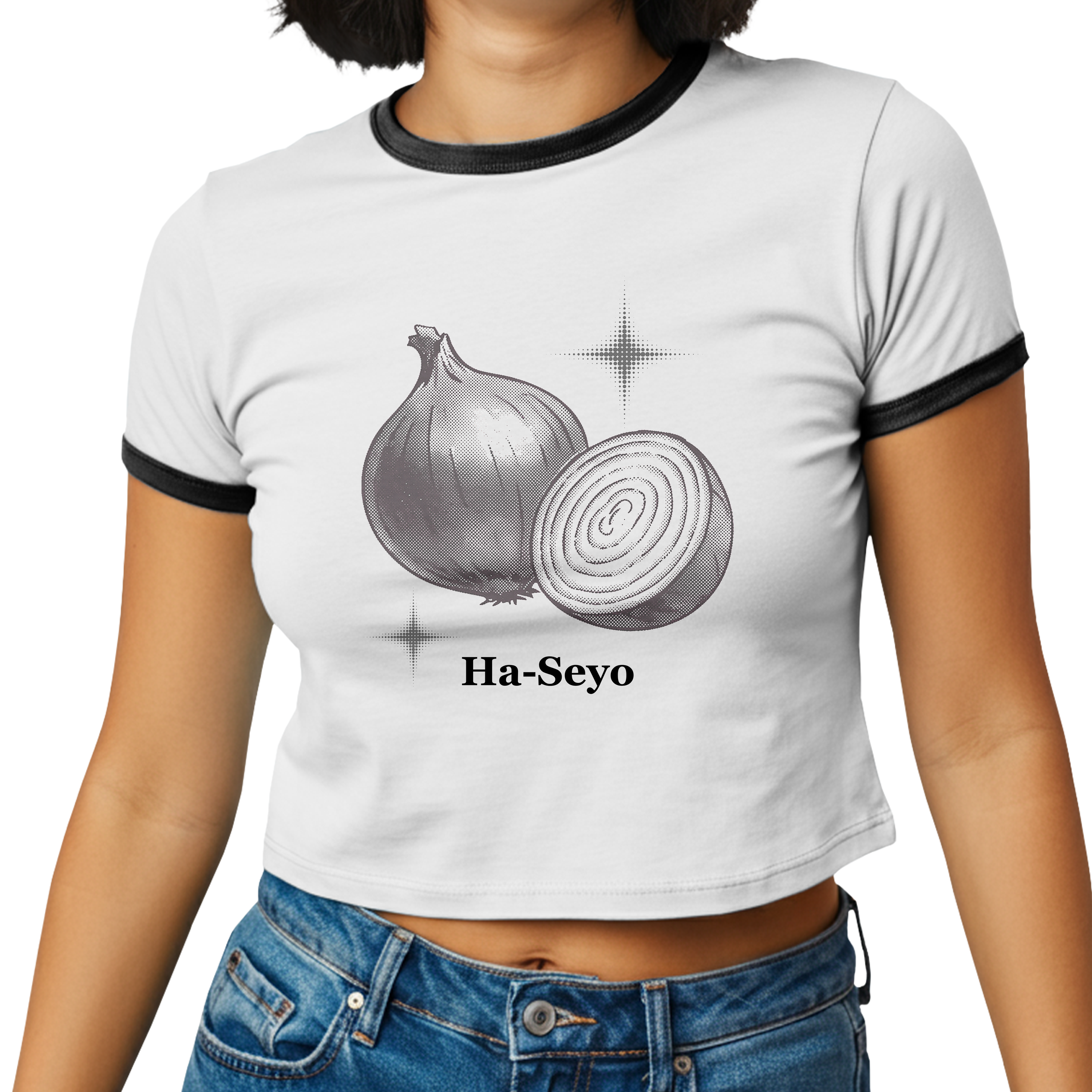 Onion Ha-Seyo Crop Tee - Funny Korean Pun Shirt - Cute K-Drama / Language Learner Baby Tee